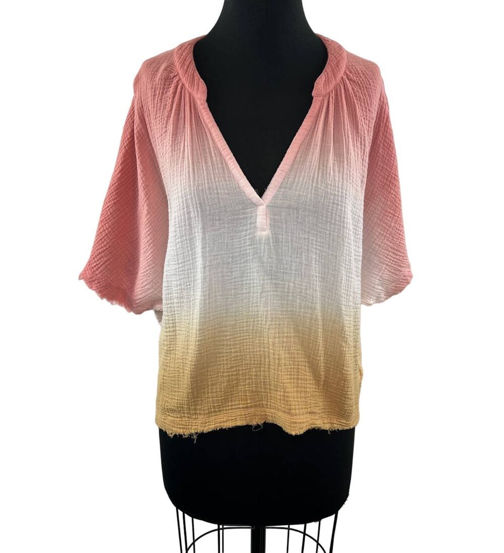 YFB Young Fabulous & Broke Orange Ombre Cotton Gauze V-Neck Tee Distressed S/M